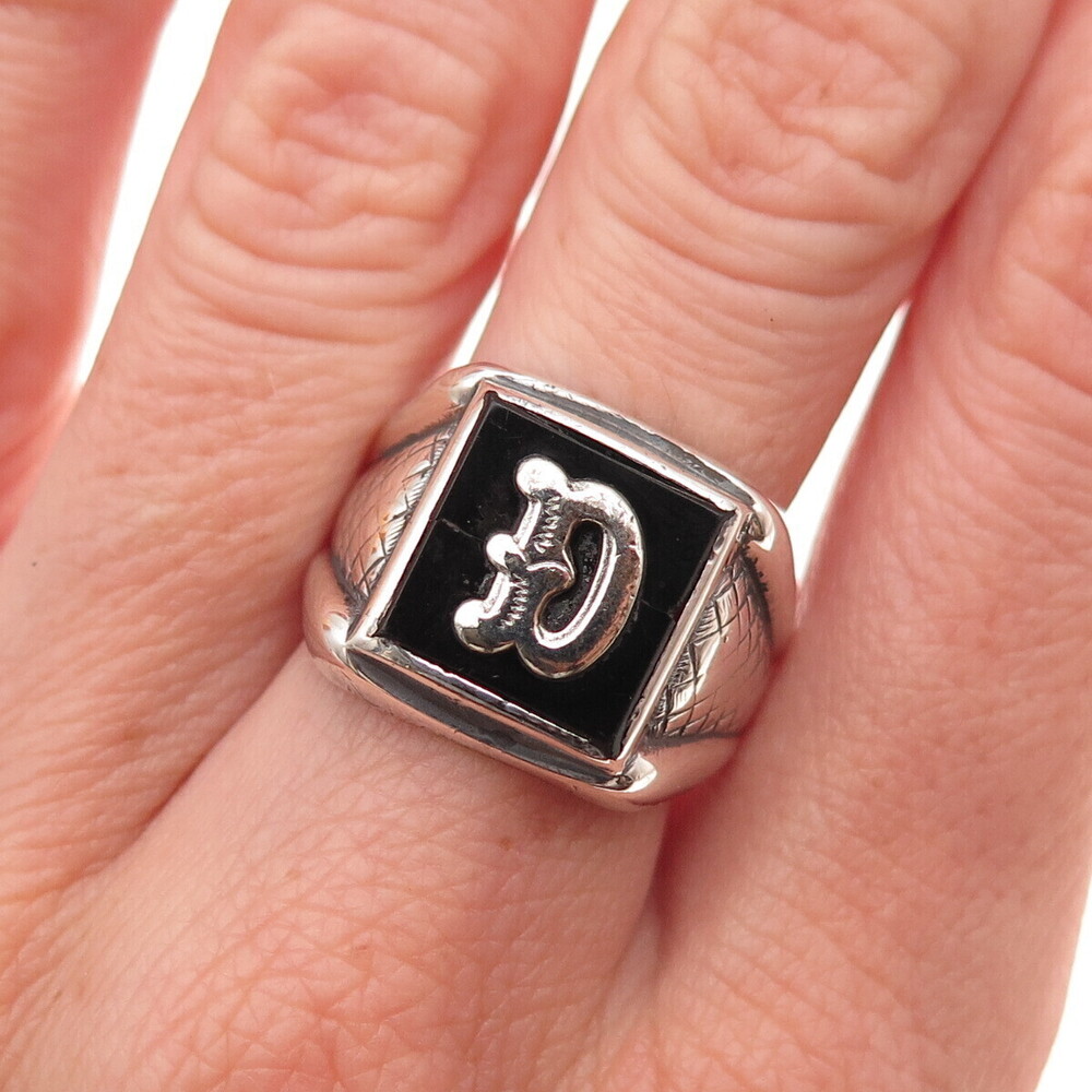 925 Sterling Silver Antique Art Deco Real Black Onyx Letter D Ring Size 8.25